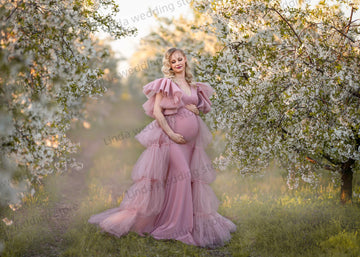 MQTIME  -  V Neck Maternity Gowns for Photo Shoot Dusty Pink Sleeveless Gala  Robes Tiered Ruched Babyshower Gowns for Women Dressing